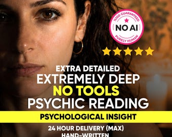 May include: A digital graphic featuring a person's face with text that reads: EXTRA DETAILED EXTREMELY DEEP NO TOOLS PSYCHIC READING, PSYCHOLOGICAL INSIGHT, 24 HOUR DELIVERY (MAX), HAND-WRITTEN, and a pink circular badge stating %100 GUARANTEED NO AI PURELY HUMAN.
