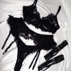 Handmade floral lace lingerie set, 3 piece lingerie set, Romantic lingerie, Black lingerie, Red lingerie, See through lingerie,Gifts for her