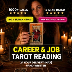 May include: A tarot card featuring The Emperor, held upright. Text overlays include 1000+ SALES, 5-STAR RATED, 100% HUMAN NO AI, PSYCHOLOGICAL INSIGHT, CAREER & JOB TAROT READING, 24 HOUR DELIVERY (MAX), and HAND-WRITTEN. The card depicts a seated figure.