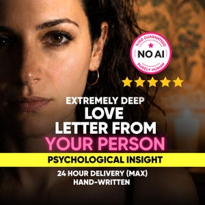 Puede incluir: Un gráfico digital con un rostro y el texto: EXTREMELY DEEP LOVE LETTER FROM YOUR PERSON, PSYCHOLOGICAL INSIGHT, 24 HOUR DELIVERY (MAX), HAND-WRITTEN, junto a una insignia circular rosa que dice %100 GUARANTEED NO AI PURELY HUMAN.