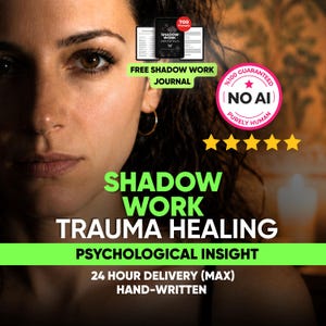 May include: A digital graphic featuring the text SHADOW WORK TRAUMA HEALING PSYCHOLOGICAL INSIGHT. It includes a badge stating FREE SHADOW WORK JOURNAL with 700 PROMPTS, a pink NO AI PURELY HUMAN seal, five yellow stars, and text noting 24 HOUR DELIVERY.
