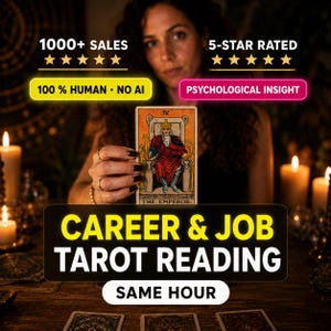 May include: A tarot card featuring The Emperor, depicted as a bearded figure in a red robe and crown sitting on a stone throne. Text overlays include 1000+ SALES, 5-STAR RATED, 100% HUMAN - NO AI, PSYCHOLOGICAL INSIGHT, CAREER & JOB TAROT READING, and SAME HOUR.