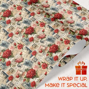 Vintage Roses and Paper Valentines Day Gift Wrapping Paper Romantic Vintage Floral Gift Wrap Elegant Red Roses Wrap Love Themed Paper