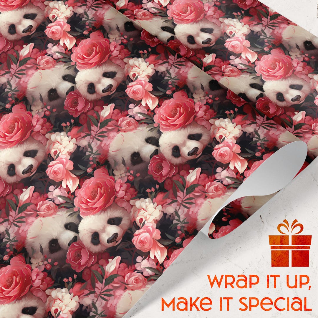 Panda Wrapping Panda Bear Gift Wrapping Paper Pink Floral Nursery Gift for Cute Animal ...