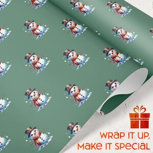 Green Snowwoman Christmas Gift Wrapping Paper Festive Gift Wrap Holiday Present Wrap - Perfect for Celebrating Xmas Season!
