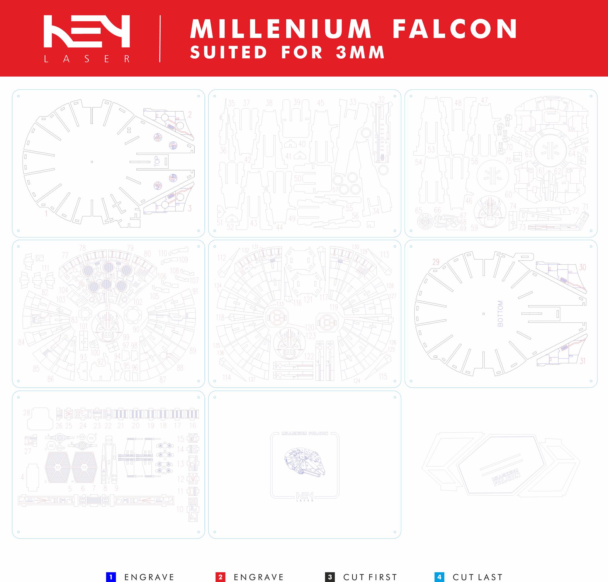 3D Millennium Falcon Laser Cut Files: Star Wars DIY Model (bonus Tie ...