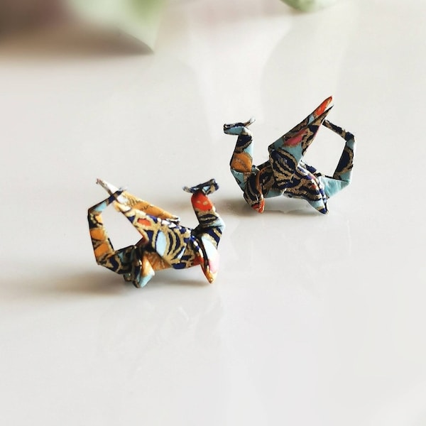 Origami Dragon Earrings: Sterling Silver Threaders, Paper Animal Jewelry