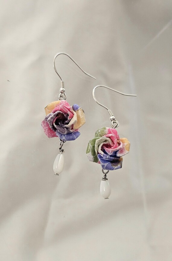 Handmade Origami Rose Earrings: Lightweight Paper Flower Jewelry