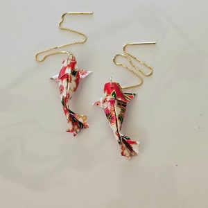 Origami Fish Earrings, Koi Fish Jewelry, Paper Gold Fish Dangle Earring, Carp Fish Earring, Sterling Silver Threader earrings, Birthday Gift