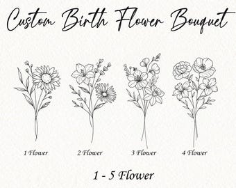 Custom Birth Flower Bouquet I Family Birth Month Tattoo Design I Flower Bouquet Print I Floral Tattoo Design I Line Art Tattoo I Rose svg
