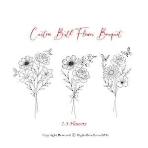 Bouquet de fleurs de naissance personnalisé | Conception de tatouage familial pour le mois de naissance | Tatouage familial dessin au trait | Cadeau imprimé minimaliste I imprimé bouquet de fleurs