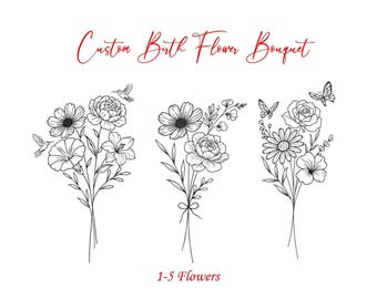 Custom Birth Flower Bouquet | Family Birth Month Tattoo Design | Family Line Art Tattoo | Minimalist Print Gift I Flower Bouquet Print