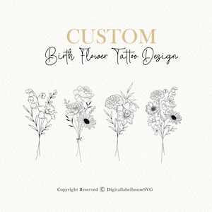 Benutzerdefinierte Geburtsmonat Blumenstrauß | Line Art Tattoo | Personalisierter Tattoo-Blitz I Minimalistische feine Linie I Digital Tattoo Desing