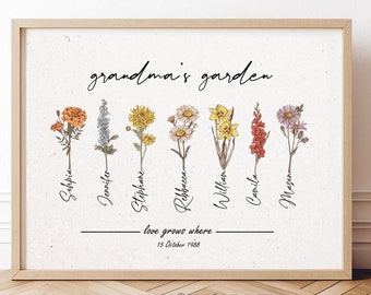 Omas Garten Geburtsblume druckbares Muttertag kundenspezifisches Geschenk für Großmutter personalisierte Weihnachtsgeschenke Geburts-Monats-Blumen-Familien-Porträt