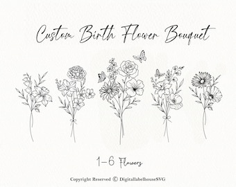 Custom Birth Flower Bouquet, Family Birth Month Tattoo Design, Flower Bouquet Print, Floral Tattoo Design,1-7 Flowers, Minimalist Print Gift