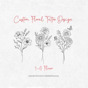 Diseño de tatuaje floral personalizado, pequeño (1-6&quot;), por encargo, diseño de tatuaje de flor de nacimiento, diseño de tatuaje floral de línea fina, tatuaje personalizado