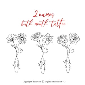 Custom Birth Flower Tattoo Design with Names | Printable Family Bouquet | Personalised Tattoo Ticket | Line Art Birth Flower Tattoo Design