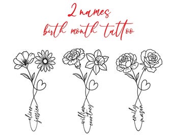 Custom Birth Flower Tattoo Design with Names | Printable Family Bouquet | Personalised Tattoo Ticket | Line Art Birth Flower Tattoo Design