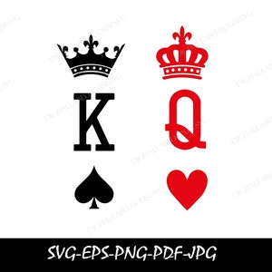 Roi et Reine Svg, Roi de pique Svg, Dame de coeur Svg, Roi Reine Svg de cartes à jouer, Couples chemise Svg, Reine de coeur, Roi de pique