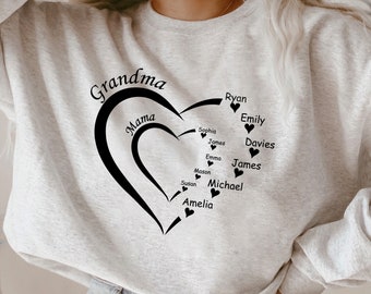 Custom Heart Grandkid Name Svg, Personalized Mama Cricut Design Vector Bundle, Mother Mimi Clipart Silhouette, Png T-Shirt, Cut Plotte