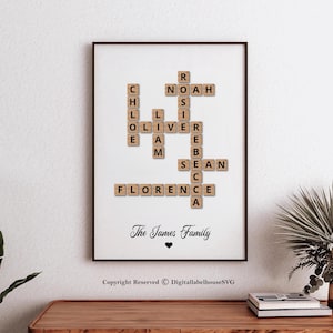 Impression de scrabble personnalisée, affiches de lettres personnalisées, art du nom de famille, cadeau d'anniversaire, poster mots croisés, cadeau de la Saint-Valentin