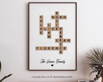 Personalised Scrabble Print, Custom Letter Tile Prints, Family Name Art, Birthday Gift, Crosswords Puzzle Poster, Valentine's Day Gift