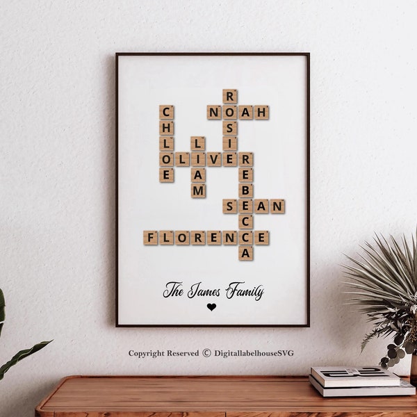 Stampa Scrabble personalizzata, stampe personalizzate con lettere, arte del nome di famiglia, regalo di compleanno, poster di cruciverba, regalo di San Valentino