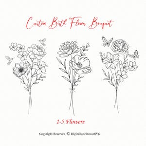 Benutzerdefinierte Geburtsblumenstrauß | Familie Geburt Monat Tattoo Design | Familie Line Art Tattoo | Minimalistisches Druckgeschenk I Blumenstrauß Druck