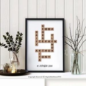 Impression personnalisée de Scrabble de famille, Impression de mots croisés de Scrabble, Cadeaux de Noël, Cadeau de mariage, Impression personnalisée de nom de famille, Cadeau d'anniversaire