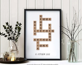 Personalised Family Scrabble Print, Custom Crossword Wall Art, Christmas Gifts, Wedding Gift, Personalised Family Name Print