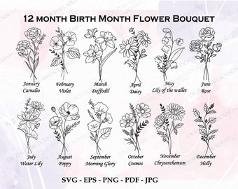 Bundle svg mois de naissance, fleurs du mois de naissance svg, svg fleurs sauvages, fleur d'anniversaire, clipart fleur, svg botanique, floral svg, svg Daisy, PNG