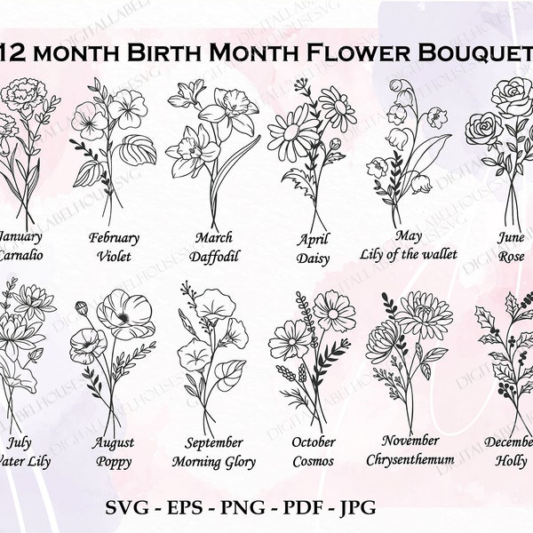 Bundle svg mois de naissance, fleurs du mois de naissance svg, svg fleurs sauvages, fleur d'anniversaire, clipart fleur, svg botanique, floral svg, svg Daisy, PNG