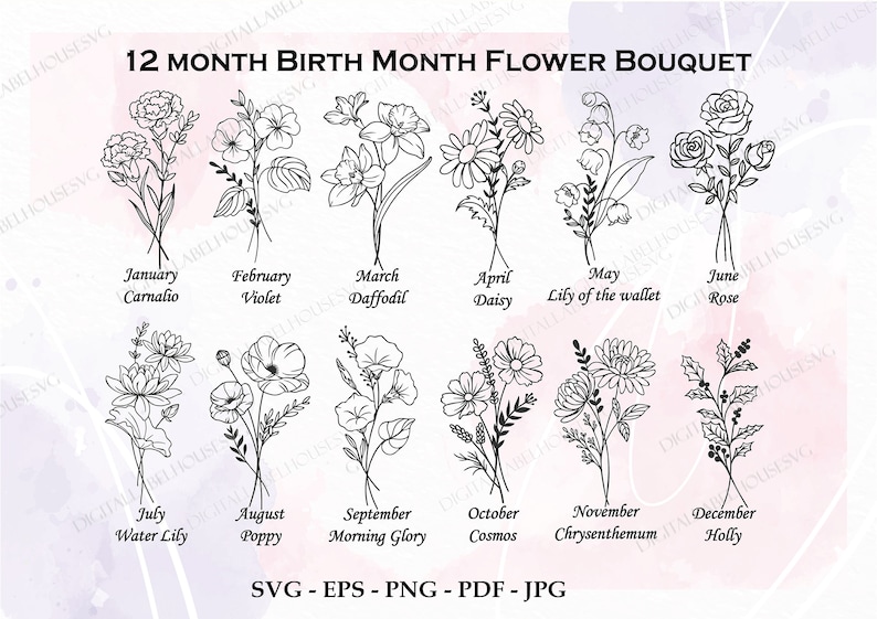 Geburtsmonat svg, Geburtsmonat svg, Wildblumen svg, Geburtstagsblume, Blumen svg, Gänseblümchen svg, PNG Bild 1