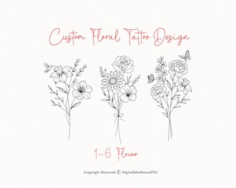 Custom Birth Flower Bouquet Tattoo Design, Minimal Florals (Digital Download)