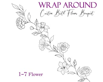 Custom Birth Flower Tattoo Design: Wraparound Bouquet (Digital Download), Birth Month Flower Bouquet Svg, Family Floral Wrist Wrap, Rose Svg