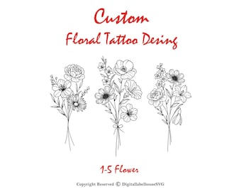 Aangepaste geboortebloem tattoo-ontwerp | Fine Line bloemenboeket (digitale download)