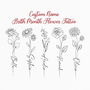Birth Month Flower Tattoo | Birth Flower Name | Custom Name Flower | Personalized Family Tattoo Design | Family Line Art Tattoo | Minimalist