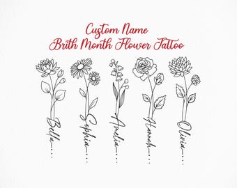 Birth Month Flower Tattoo | Birth Flower Name | Custom Name Flower | Personalized Family Tattoo Design | Family Line Art Tattoo | Minimalist