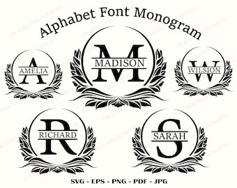 Monogram Svg-paket för teckensnitt, delade monogrambokstäver Svg, familjemonogram Svg, monogramtypsnittsalfabet, monogram Svg-filer, klippfil för Cricut
