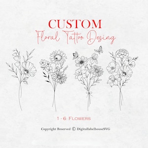 Custom Birth Month Flower Bouquet | Line Art Tattoo | Personalized Family Kids Grandma Birth Flowers | Gift for Mom Dad | DIGITAL DESIGN