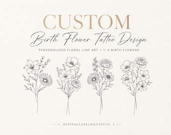 Custom Birth Flower Bouquet Tattoo Design: Family Floral Print (Digital Download), Wraparound Bouquet, Family Birth Month Tattoo Design