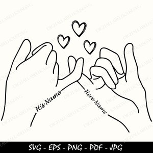 手を繋ぐ SVG、小指を握る、愛、SVG カット ファイル、独自のテキストでカスタマイズ、名前と日付を追加、即時ダウンロード、愛の手のデザイン