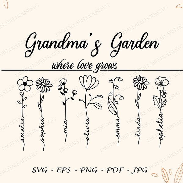 Regalo del Día de las Madres Svg, Jardín de las abuelas donde el amor crece Archivos Png Png, Flores Svg, Regalo personalizado para la abuela Svg, Nombre personalizado Svg