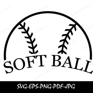 Op de afbeelding: Zwart-wit grafisch ontwerp van een softbal met het woord "SOFTBALL" eronder.