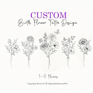 Kundenspezifisches Geburts-Blumenstrauß, Familien-Geburtsmonat Tattoo-Design, Blumenstrauß-Druck, Blumentattoo-Design, 1-5 Blumen, minimalistisches Druckgeschenk