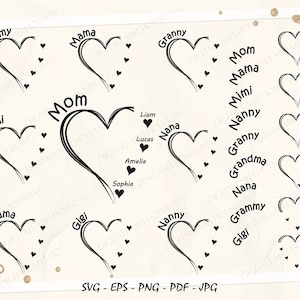 Nome de neto de coração personalizado Svg I Pacote de design de vetor de mãe personalizada Cricut I Clipart de mãe Mimi Coração de avó com nomes de crianças I Cricut