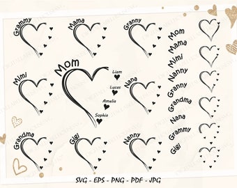 Custom Heart Grandkid Name Svg I Personalized Mama Cricut Design Vector Bundle I Mother Mimi Clipart Grandma Heart with kid names I Cricut