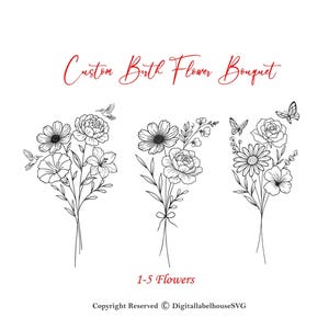 Custom Birth Flower Bouquet | Family Birth Month Tattoo Design | Family Line Art Tattoo | Minimalist Print Gift I Flower Bouquet Print