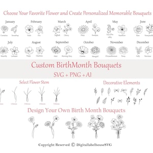 Birth Month Svg Bundle, Flower Svg, Floral svg, Botanical svg, Rose svg, Daisy svg, Poppy svg, Birthday svg, Custom Birth Flower,Tattoo svg