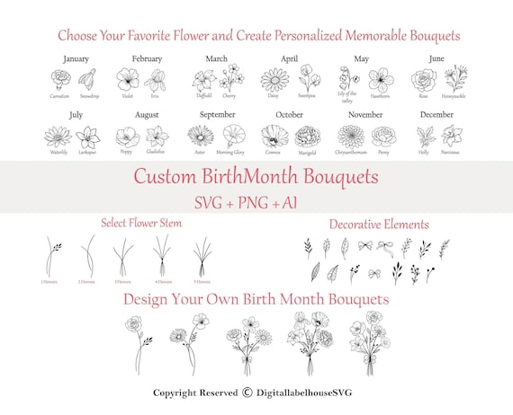 Birth Month Svg Bundle, Flower Svg, Floral svg, Botanical svg, Rose svg, Daisy svg, Poppy svg, Birthday svg, Custom Birth Flower,Tattoo svg